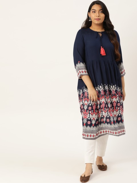 

Sztori Women Navy Blue & White Printed Plus Size A-Line Kurta
