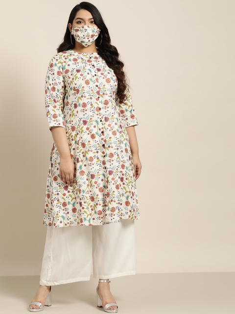 

Sztori Women Plus Size White & Red Printed Panelled A-Line Kurta With Mask