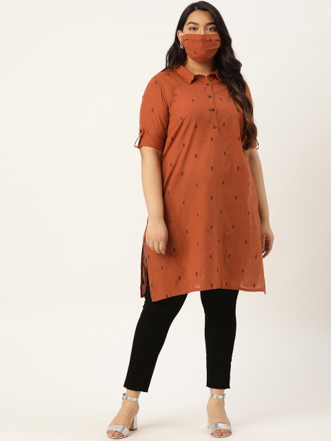 

Sztori Women Rust Orange Black Woven Design Plus Size Straight Kurta