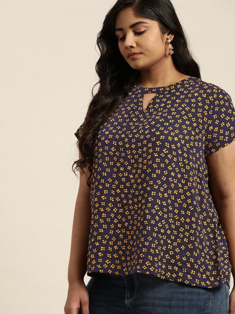 

Sztori Women Navy Blue & Yellow Geometric Printed Plus Size Top