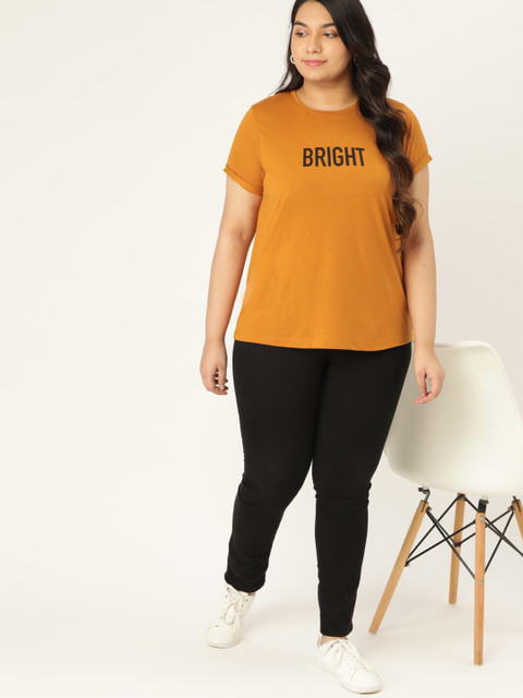 

Sztori Women Plus Size Mustard Yellow Printed Round Neck T-shirt