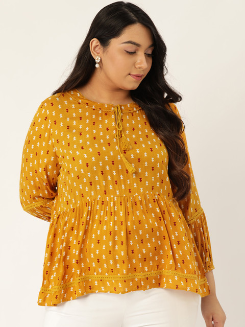 

Sztori Women Mustard Yellow & Maroon Printed Plus Size A-Line Top