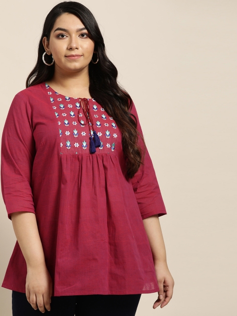 

Sztori Plus Size Women Pink & White Plus Size Embroidered Pure Cotton Yoke Design Pure Cotton A-Line Kurti