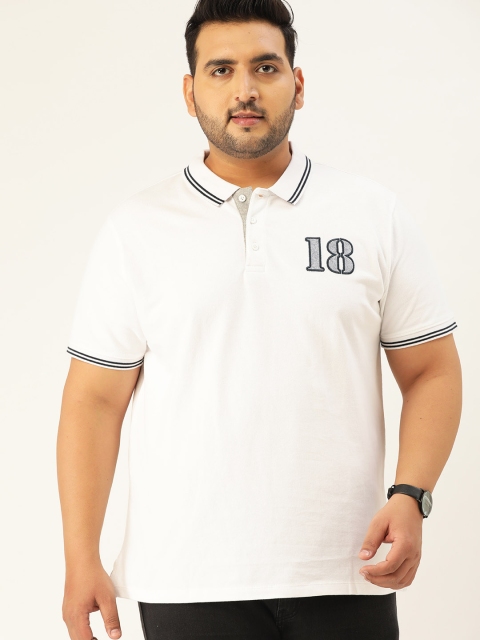

Sztori Men Plus Size White Solid Polo Collar Pure Cotton T-shirt with Applique Detail