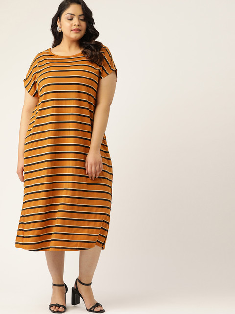

Sztori Women Plus Size Mustard Yellow & Black Striped T-shirt Dress