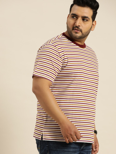 

Sztori Men White & Burgundy Plus Size Striped Round Neck T-shirt