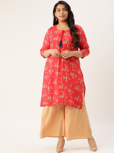 

Sztori Plus Size Women Red Beige Floral Print Straight Kurta