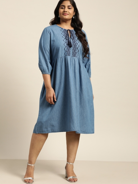 

Sztori Women Blue Yoke Design Plus Size Chambray A-Line Dress