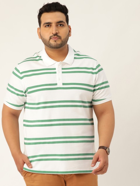 

Sztori Men White & Green Striped Polo Collar Plus Size T-shirt