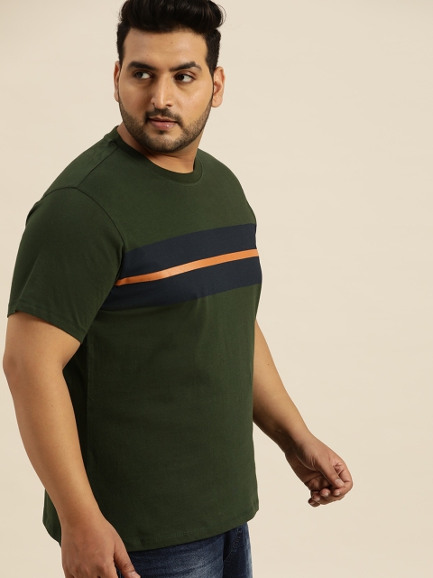 

Sztori Men Olive Green & Navy Blue Plus Size Striped Round Neck T-shirt
