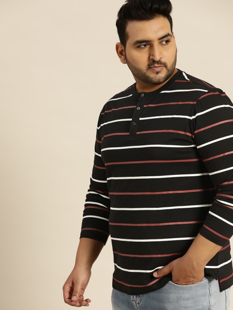 

Sztori Men Black & Maroon Striped Plus Size Henley Neck T-shirt