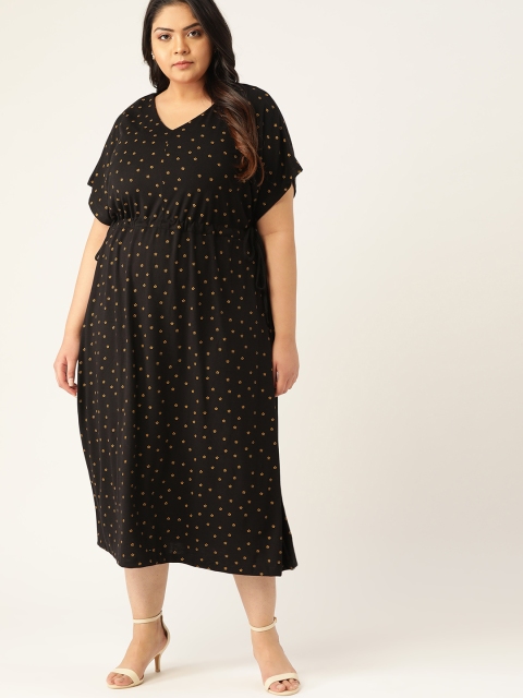 

Sztori Women Black & Mustard Yellow Plus Size Ditsy Floral Printed Midi Empire Dress