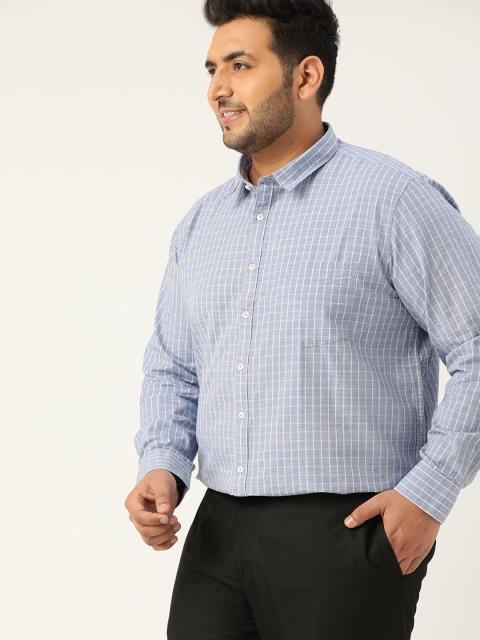 

Sztori Men Plus Size Blue & White Pure Cotton Checked Formal Shirt