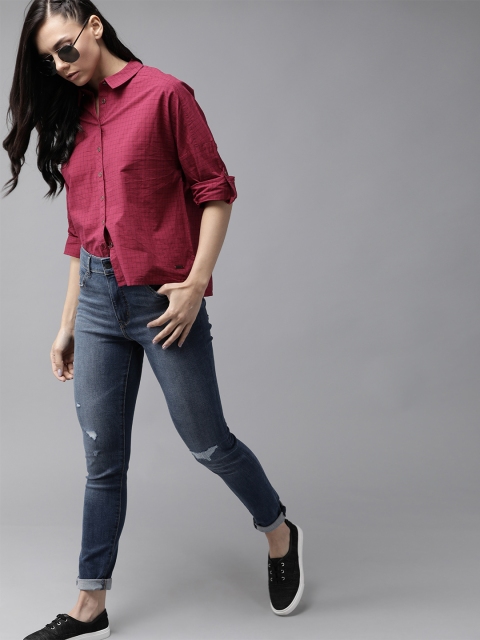 

Roadster Women Pink & Black Pure Cotton Regular Fit Checked Casual Shirt