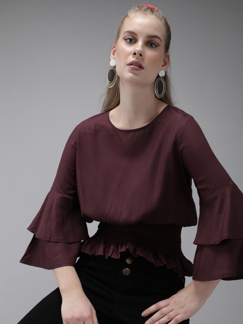 

Roadster GreenTurn Women Wine-Coloured Eco Friendly Viscose Smocked Cinched Waist Sustainable Top, Burgundy