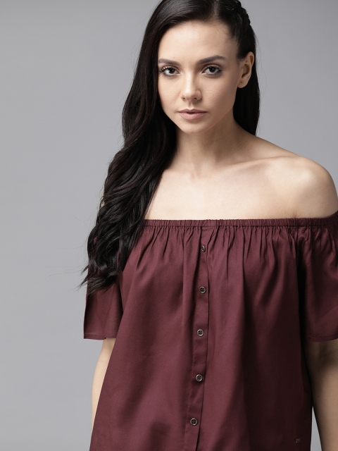 

Roadster Women Burgundy Sustainable Solid Off-Shoulder Bardot Top