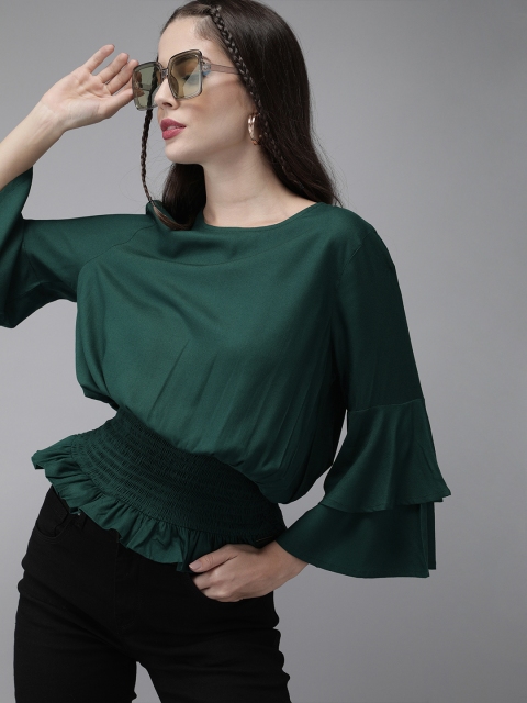 

Roadster GreenTurn Women Green Eco Friendly Viscose Solid Smocked Cinched Waist Sustainable Top