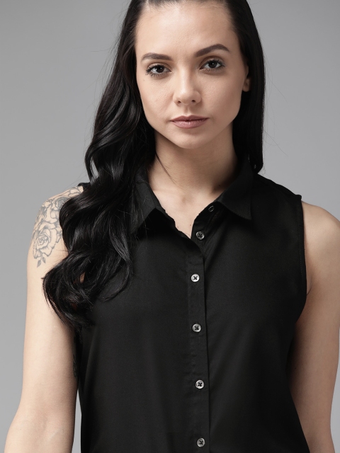 

Roadster GreenTurn Women Black Solid High-Low Casual Sustainable Shirt