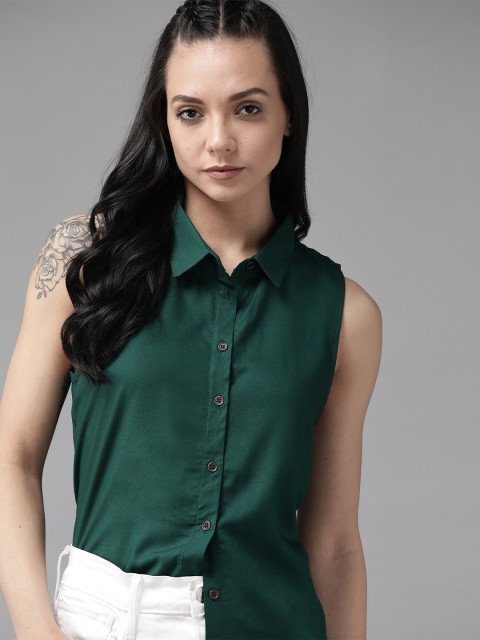 

Roadster GreenTurn Women Green Solid High-Low Casual ECOVERO Sustainable Shirt