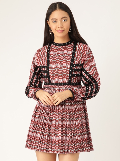 

ANVI Be Yourself Women Maroon & Black Geomteric Print Accordion Pleats Mini A-Line Dress