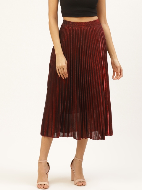 

ANVI Be Yourself Women Maroon Solid Accordion Pleated Midi Flared Skirt