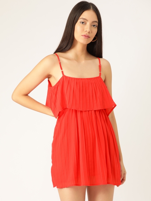 

ANVI Be Yourself Women Coral Red Solid Accordion Pleated A-Line Dress