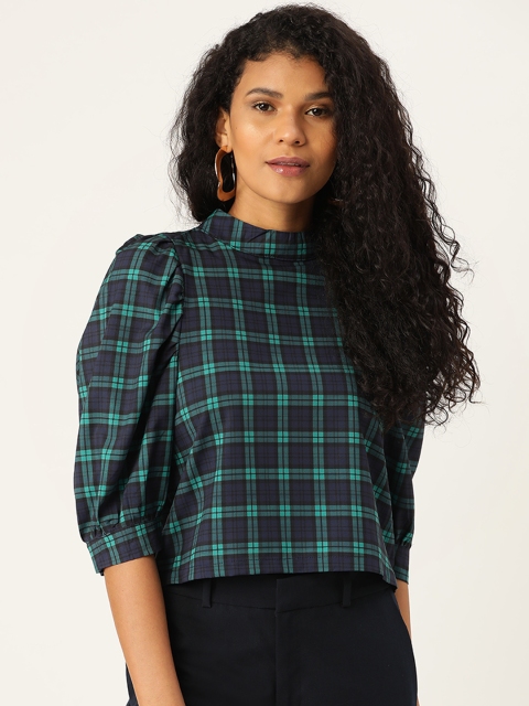 

ANVI Be Yourself Women Green Puff Sleeves Tartan Check Top