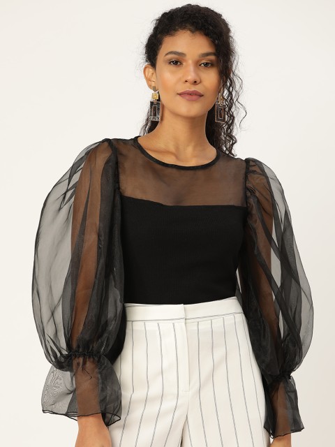 

ANVI Be Yourself Women Black Puffed Sleeves Ribbed Fitted Top