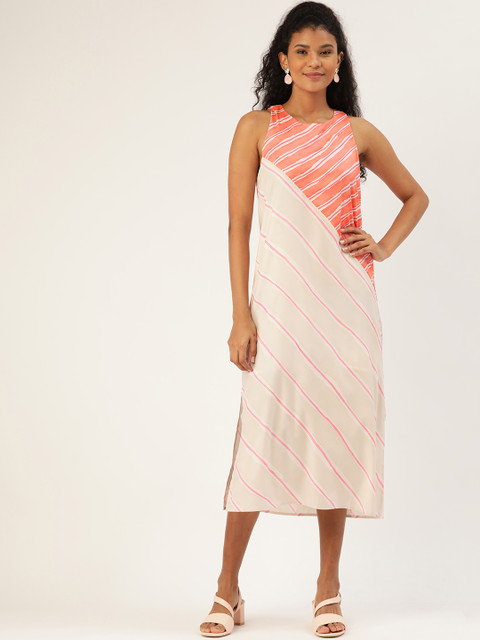 

ANVI Be Yourself Women Off-White & Peach-Coloured Striped Midi A-Line Dress