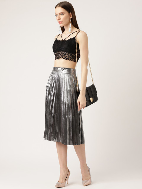 

ANVI Be Yourself Women Silver Solid Accordion Pleated Flared Skirt