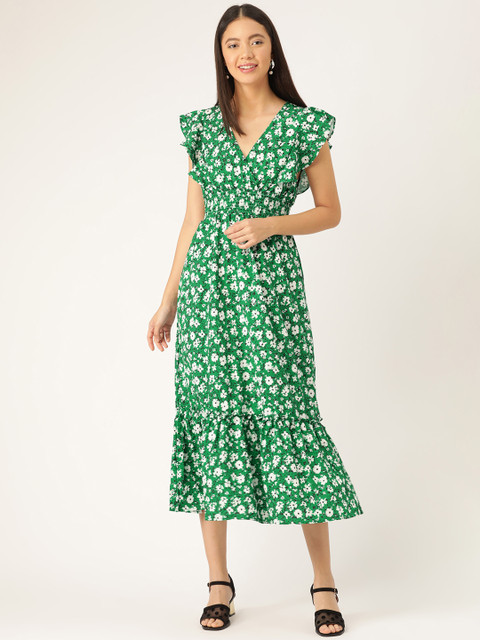 

ANVI Be Yourself Women Green & White Floral Print Wrap Dress