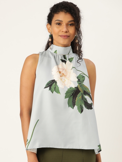 

ANVI Be Yourself Women Blue & Green Satin Finish Floral Print A-Line Top