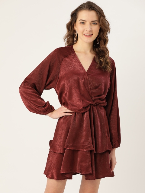 

ANVI Be Yourself Women Burgundy Satin Finish Solid Layered Wrap Dress