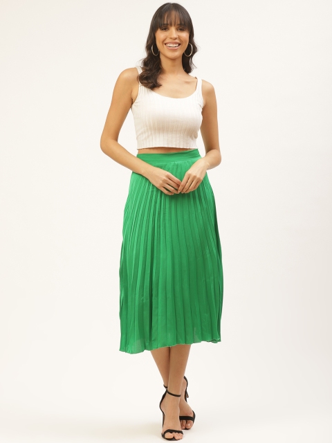 

ANVI Be Yourself Women Green Accordion Pleated Solid A-Line Skirt