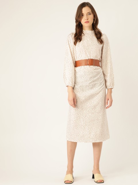 

ANVI Be Yourself Women Off-White & Brown Printed A-Line Dress with Belt