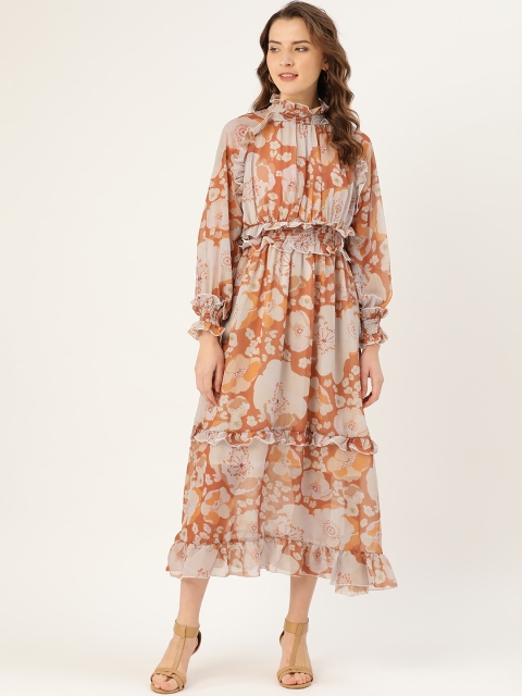 

ANVI Be Yourself Women Mustard Yellow & Taupe Floral Print Tiered Maxi Dress