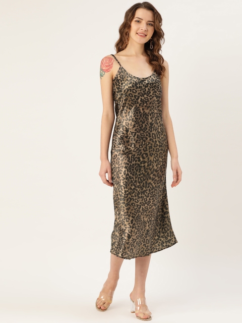 

ANVI Be Yourself Women Brown & Black Satin Finish Animal Print Slip Dress