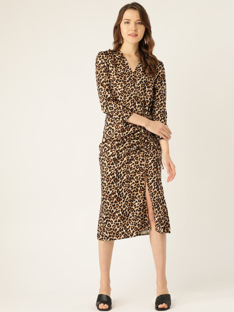 

ANVI Be Yourself Women Brown & Black Animal Printed Wrap Dress
