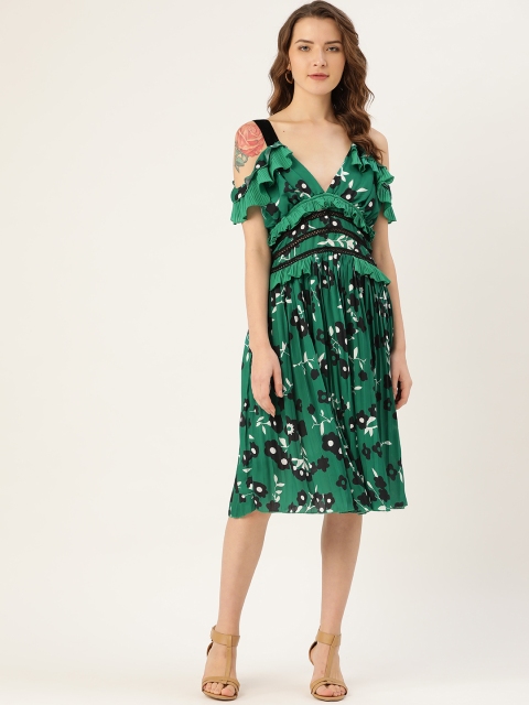 

ANVI Be Yourself Women Green & Black Accordion Pleats Floral Print A-Line Dress