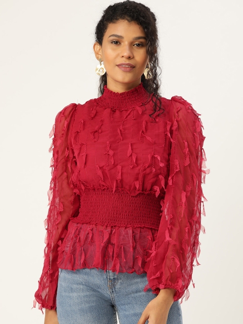 

ANVI Be Yourself Women Red Tasselled Smocked Cinched Waist Top