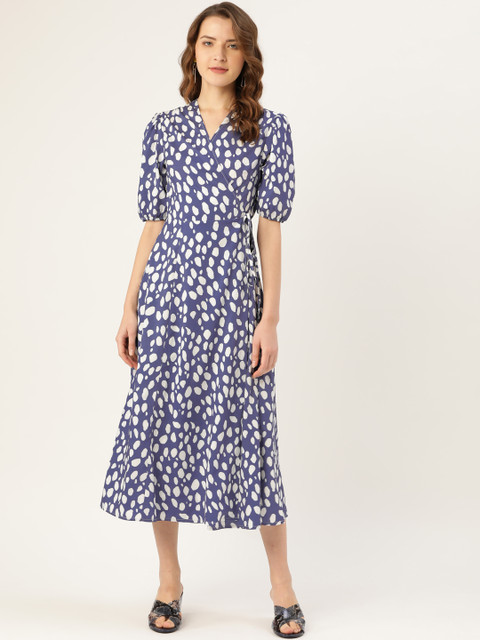 

ANVI Be Yourself Women Blue & White Printed Wrap Dress