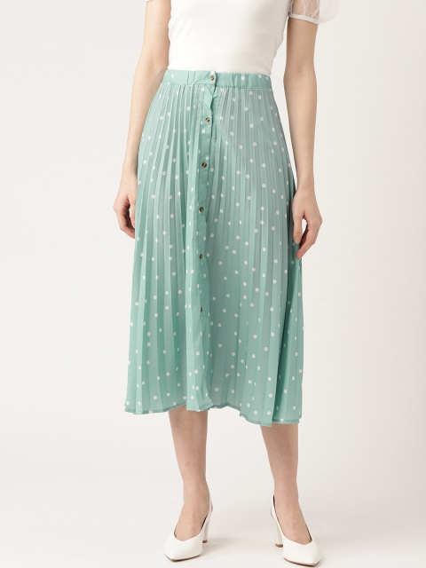 

ANVI Be Yourself Women Sea-Green & White Polka Dot Print Accordian Pleated A-Line Skirt