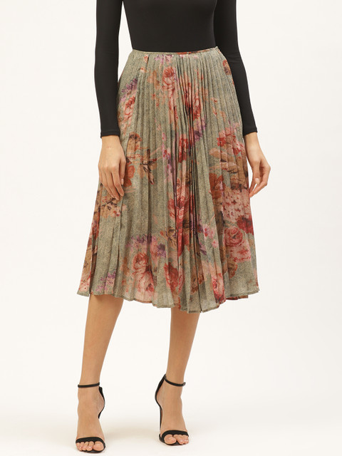 

ANVI Be Yourself Women Taupe & Pink Floral Print Accordion Pleat A-Line Skirt