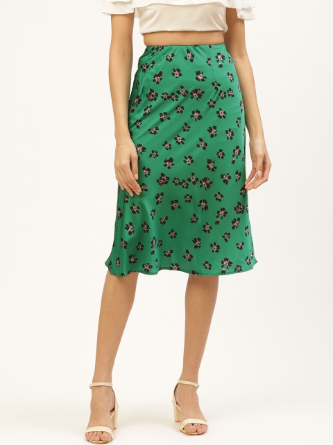 

ANVI Be Yourself Women Green & Black Satin Finish Floral Print A-Line Skirt