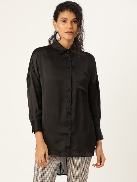 

ANVI Be Yourself Women Black Regular Fit Solid High-Low Longline Casual Shirt