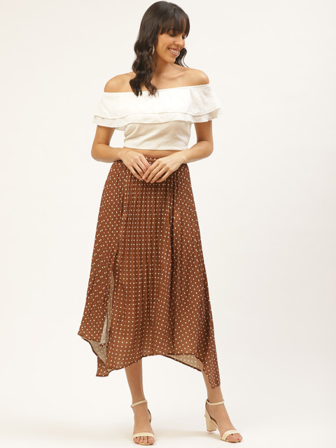 

ANVI Be Yourself Women Olive Brown & White Accordian Pleated Polka Dot Print A-Line Skirt