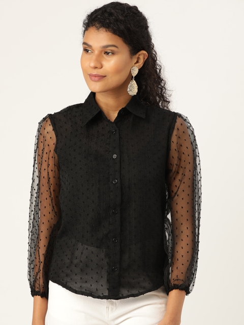 

ANVI Be Yourself Women Black Regular Fit Self Design Semi-Sheer Casual Shirt