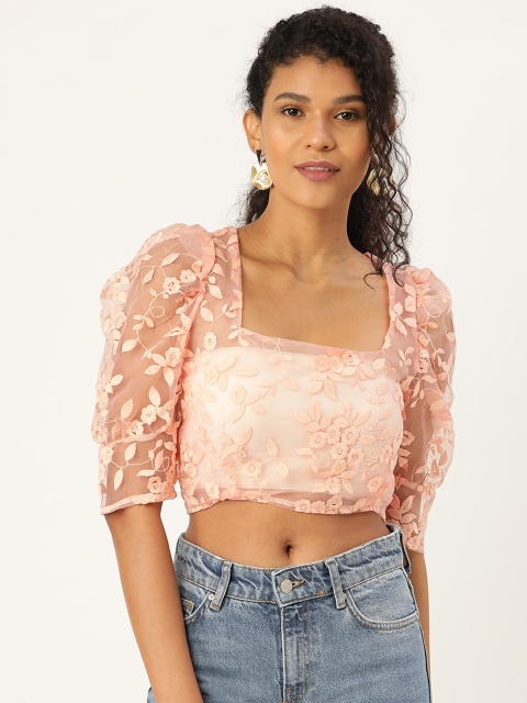 

ANVI Be Yourself Women Peach-Coloured Embroidered Sheer Crop Top