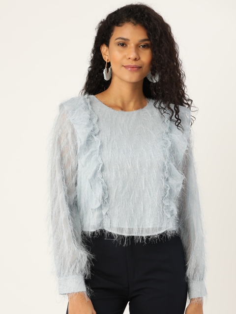 

ANVI Be Yourself Women Blue Fuzzy Ruffled Self Design Top