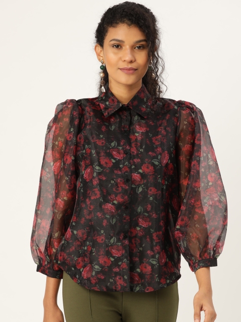 

ANVI Be Yourself Women Black & Red Regular Fit Floral Print Sheer Casual Shirt